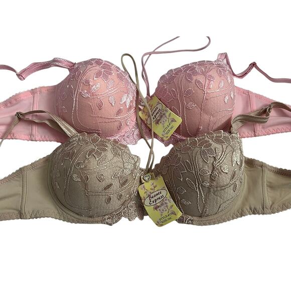 WOMEN'S LOT OF 2 LACE BRA NWT SIZE 36C PINK BEIGE ADJUSTABLE STRAPS - Picture 1 of 5